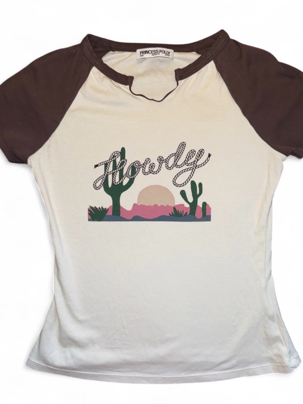 Princess Polly 'Howdy' Desert Graphic Raglan Tee Cream with Brown Sleeves size S